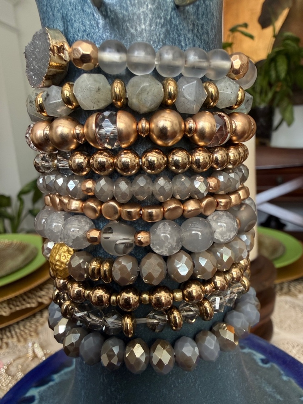 11PC Stacked Gray & Gold Beaded Bracelet and Earrings Set - Picture 4 of 9